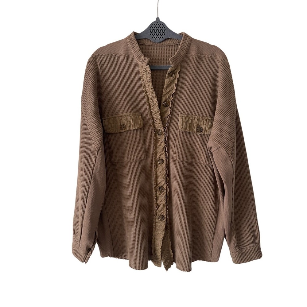 Chou Yatou Button-Front Waffle Knit Taupe Brown‎ Shacket XL